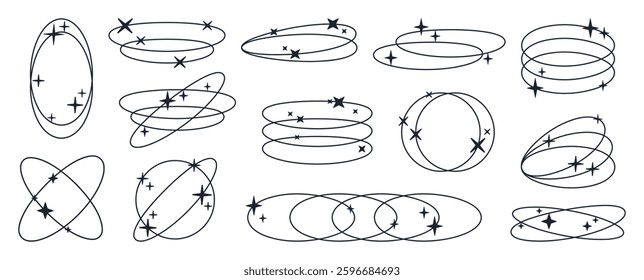Brutalist ellipse frames. Abstract y2k oval shapes with stars and sparkles, old school Y2K frames flat vector illustration set. Minimalist brutalism aesthetic elements