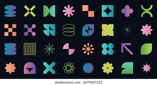 Brutalista y funky geométrico y Formas simples en estilo minimalista de moda y retro con fondo negro. Gradiente de gráficos abstractos modernos. Ilustración vectorial e iconos.