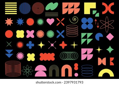 Brutalist geometric abstract shapes. Bauhaus memphis design collection. Set of abstract retro geometric shapes  figure, flower, doodle, square in 70s groovy style. 