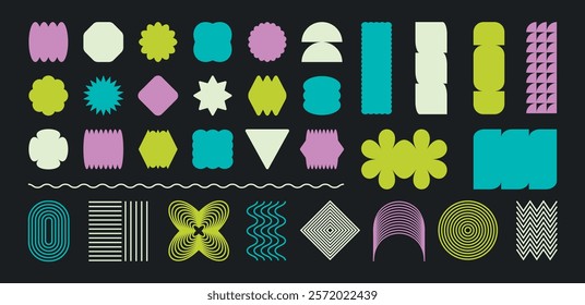 Brutalist geometric abstract shapes. Minimalist trendy forms. Set primitive graphic design elements. Bauhaus flowers, stars, lines. Brutal modern memphis vector illustration.