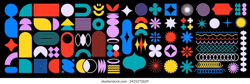 Brutalist geometric colorful shapes circles, style primitive collection, floralpunk album covers, symbolic figures abstract shapes stripes and simple shapes, vector spirals and curves illustration
