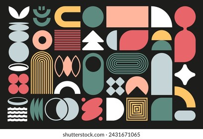 Brutalist geometric colorful shapes circles, style primitive collection, floralpunk album covers, symbolic figures abstract shapes stripes and simple shapes, vector spirals and curves illustration