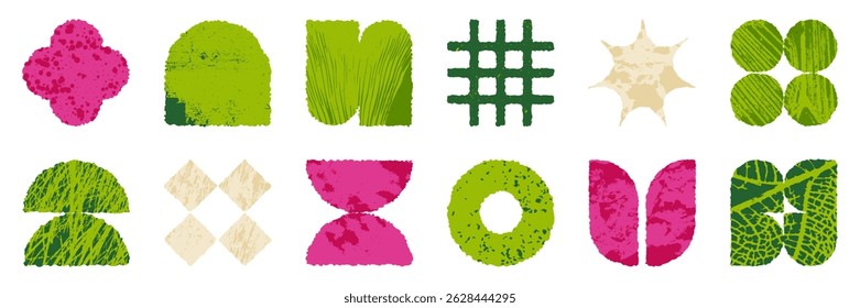 Brutalist geometric eco shapes set with organic overlay texture. Brutal contemporary figure. Vector rewilding design element bauhaus aesthetic.