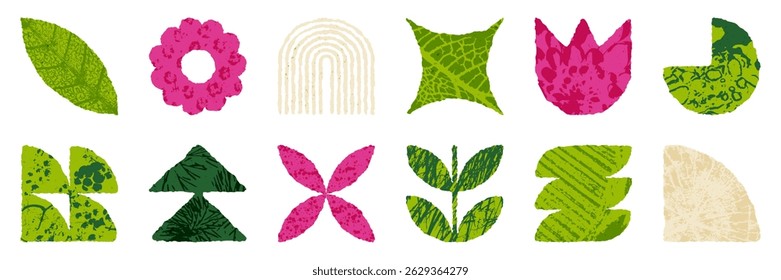 Brutalist geometric eco shapes set with organic overlay texture. Brutal contemporary figure. Vector rewilding design element rewilding aesthetic.
