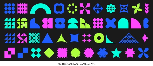 Brutalist geometric shape set - bold abstract forms and patterns in vibrant neon colors on black bg. Modern minimalist design elements for posters or web interfaces. Contemporary digital art assets