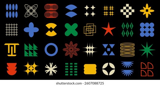 Brutalist geometric shapes collection. Funky y2k retro design elements. Trendy groovy figures set. Bauhaus contemporary geometry set for cover, poster, presentation, modern designs. 