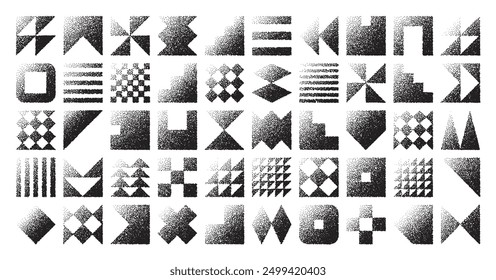 Formas geométricas brutalistas, objetos punteados. Elementos Stipple símbolos modernos. Formas primitivas simples. Diseño retro, estilo minimalista contemporáneo de moda, y2k. Sombreado de puntos, dibujo. Ilustración vectorial