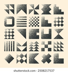 Brutalist geometric shapes, dotted objects. Stipple elements modern symbols. Simple primitive forms. Retro design, trendy contemporary minimalist style, y2k. Dot shading, drawing. Vector illustration
