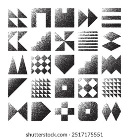 Brutalist geometric shapes, dotted objects. Stipple elements modern symbols. Simple primitive forms. Retro design, trendy contemporary minimalist style, y2k. Dot shading, drawing. Vector illustration