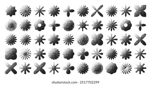 Formas geométricas brutais, objetos pontilhados. Elementos pontilhados símbolos modernos. Formas primitivas simples. Design retrô, estilo minimalista contemporâneo moderno, y2k. Sombreamento de ponto, desenho. Ilustração vetorial