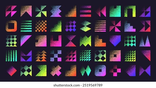 Brutalist geometric shapes, dotted objects. Stipple elements modern symbols. Neon primitive forms. Retro design, trendy contemporary minimalist style, y2k. Dot shading, drawing. Vector illustration