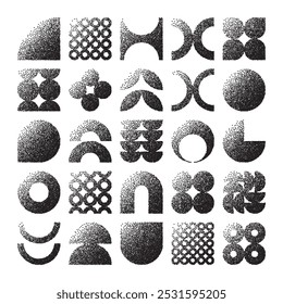 Brutalist geometric shapes, dotted objects. Stipple elements modern symbols. Simple primitive forms. Retro design, trendy contemporary minimalist style, y2k. Dot shading, drawing. Vector illustration