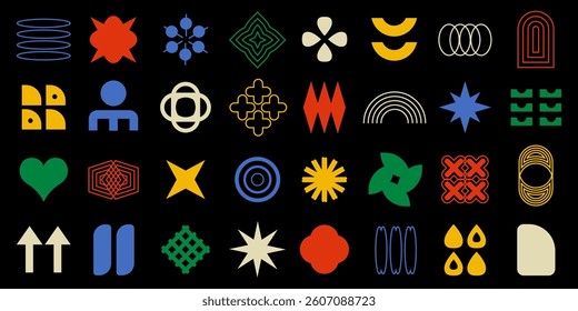 Brutalist geometric shapes, funky y2k retro design elements. Trendy groovy figures set. Bauhaus contemporary geometry set for cover, poster, presentation, modern designs. 