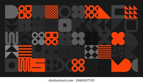 Brutalist geometric shapes, gray and orange symbols. Simple primitive elements and forms. Retro design, trendy contemporary minimalist style. Vector illustration