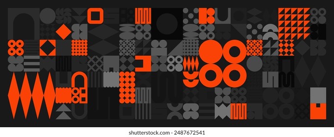 Brutalist geometric shapes, gray and orange symbols. Simple primitive elements and forms. Retro design, trendy contemporary minimalist style. Vector illustration