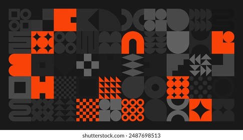 Brutalist geometric shapes, gray and orange symbols. Simple primitive elements and forms. Retro design, trendy contemporary minimalist style. Vector illustration