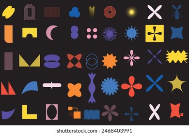 Abstractas Formas geométricas brutalistas e iconos de cuadrículas. Ilustración vectorial.
