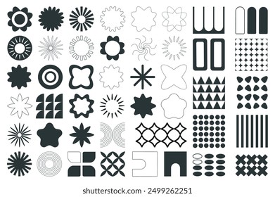 Brutalist geometric shapes mega set elements in flat graphic design. Bundle objects of simplicity symbols with flowers, suns, stars, circles, squares, grids, curves and other. Vector illustration.
