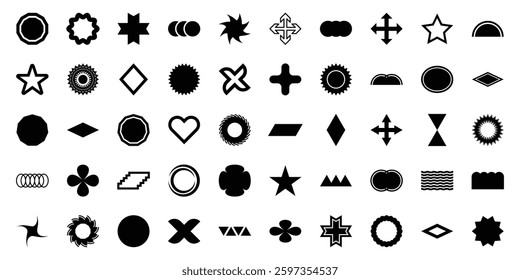 Brutalist geometric shapes, modern symbols. Minimalist geometric elements, abstract bauhaus forms. Set y2k geometric shape. Modern brutal forms and figures. Memphis design elements vector illustration