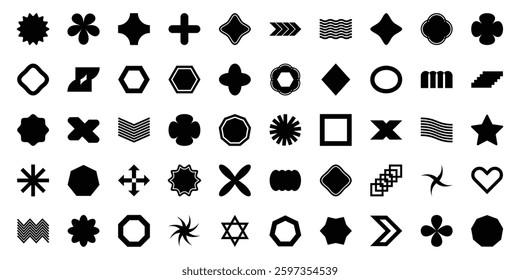 Brutalist geometric shapes, modern symbols. Minimalist geometric elements, abstract bauhaus forms. Set y2k geometric shape. Modern brutal forms and figures. Memphis design elements vector illustration