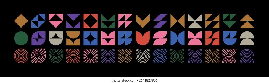 Brutalist geometric shapes, modern symbols. Colorful simple primitive elements and shapes. Trendy modern minimalist style.