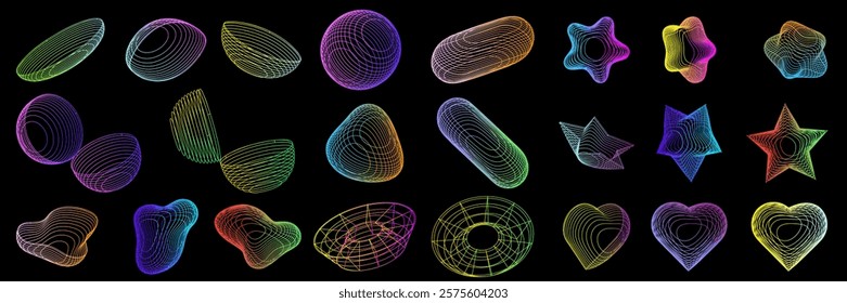 Brutalist geometric shapes and neon modern symbols with a groovy checkered pattern and a distorted tiled grid. Features simple forms and elements in a retro, trendy, minimalist Y2K style. Vector