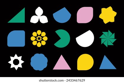Brutalist geometric shapes. Set of abstract brutal contemporary figure triangle, square, circle, flower and other primitive elements isolated. Aesthetic graphic design elements in minimal style.Vector