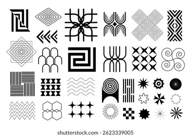 Brutalist geometric shapes set in flat graphic design. Collection isolated elements of abstract black silhouettes with spotted and striped figures, stars, flowers, waves, other. Vector illustration.