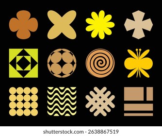 Brutalist geometric shapes set with stars, flowers, wave, butterfly and abstract elements.