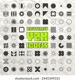 Brutalist geometric shapes, symbols. Simple primitive elements and forms, crumpled paper texture, vintage poster. Retro design, trendy contemporary minimalist style, y2k. Vector illustration