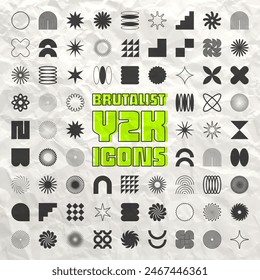 Brutalist geometric shapes, symbols. Simple primitive elements and forms, crumpled paper texture, vintage poster. Retro design, trendy contemporary minimalist style, y2k. Vector illustration