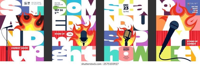 Brutalist geometric stand up roast comedy poster set. Bold vibrant colors typography. Creative illustrations featuring microphones and stage curtain. Perfect for club events and nightlife promotions