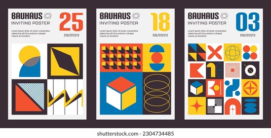 Brutalist  Geometric Swiss shape pattern vertical posters. Minimalist Y2k aesthetics flyers, template design. Vector illustration set