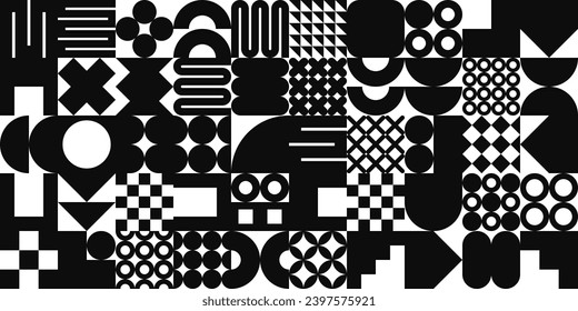 Brutalistische geometrische Struktur mit einfachen Formen, Symbolen. Primitive Elemente und Formen. Bauhaus Retro-Design, trendiger zeitgenössischer minimalistischer Stil, y2k. Vektorgrafik