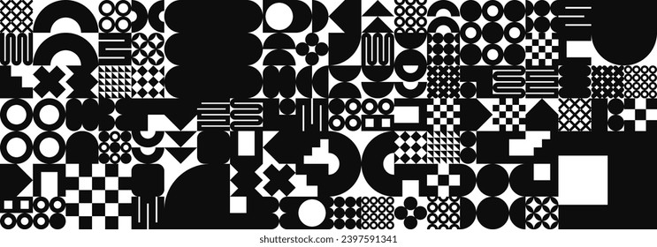 Textura geométrica brutal con formas simples, símbolos. Elementos y formas primitivos. Diseño retro de Bauhaus, estilo contemporáneo minimalista moderno, y2k. Ilustración del vector