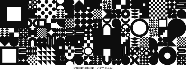 Textura geométrica brutal con formas simples, símbolos. Elementos y formas primitivos. Diseño retro de Bauhaus, estilo contemporáneo minimalista moderno, y2k. Ilustración del vector