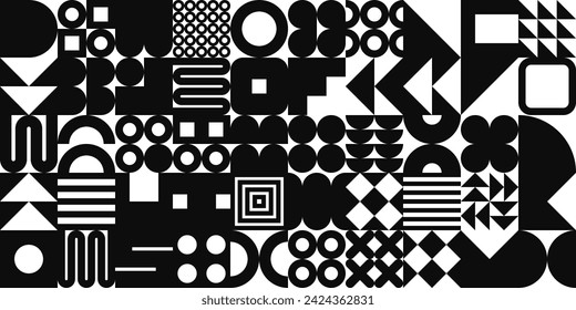 Brutalist geometric texture with simple shapes, symbols. Primitive elements and forms. Retro design, trendy contemporary minimalist style, y2k. Vector illustration