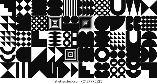 Brutalist geometric texture with simple shapes, symbols. Primitive elements and forms. Retro design, trendy contemporary minimalist style, y2k. Vector illustration
