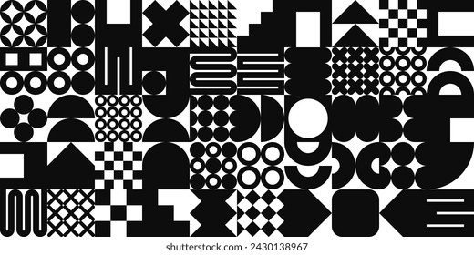 Brutalist geometric texture with simple shapes, symbols. Primitive elements and forms. Retro design, trendy contemporary minimalist style, y2k. Vector illustration
