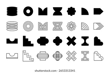 Brutalistische geometrische Vektorformen schwarz und linear, einzeln auf weiß. Abstrakte Silhouetten-Sammlung