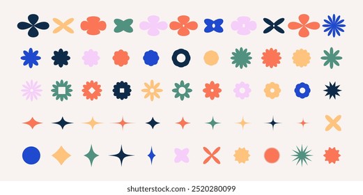 Brutalist geometric y2k shapes and icons various form. Colorful retro figure, flower and other decorative abstract elements. Vector design aesthetic in different colors