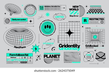 Brutalist graphic assets set in acid style, retro futuristic background with wireframe elements of different forms, bold modern shapes for design template, poster, stickers, banner in Y2k style