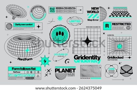 Brutalist graphic assets set in acid style, retro futuristic background with wireframe elements of different forms, bold modern shapes for design template, poster, stickers, banner in Y2k style