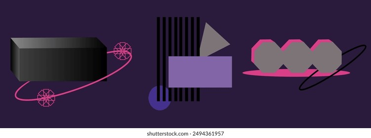 Brutalist illustration set with black, pink, and gray elements on a dark purple background. Simple geometric shapes. Abstract modern art, minimalist vector design perfect for contemporary decor.