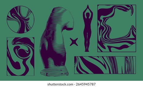 A brutalist interpretation of form and balance using striped classical torsos, yoga silhouettes, and surreal marbled geometry. Meditative flow through visual weight