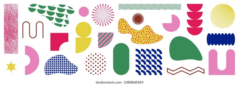 Brutalist minimale abstrakte Bloch und Form mit Mustern, Halftone, Texturen. Ästhetik und minimalistische geometrische Formen der Retro 80er Jahre und abstrakte flüssige Vektorformen.