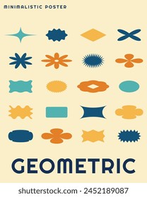 Brutalist minimalistic poster with abstract geometrical shapes various form. Trendy Y2K retro design banner. Vector illustration.