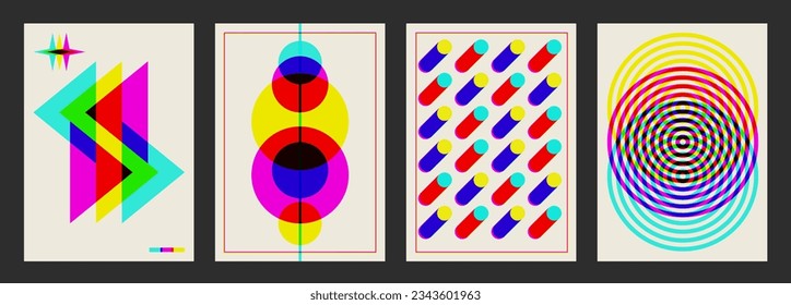 Brutalist modern poster set. Bauhaus poster template. Trendy geometric shapes with riso print effect. Minimal Abstract Circles Composition Design Template.