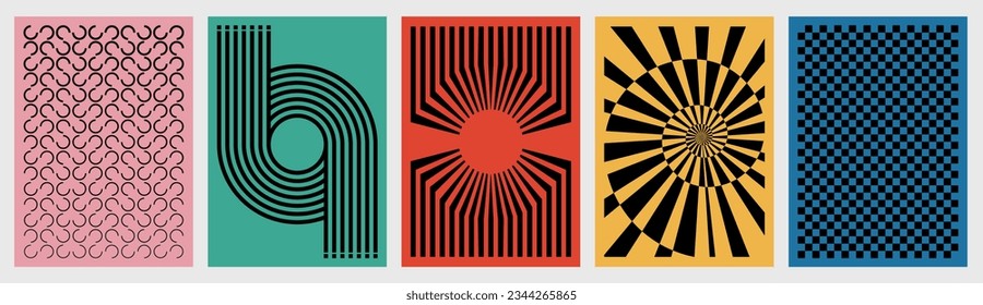  Brutalist modern poster set. Retro Bauhaus style geometric lines form composition poster template with trendy geometric shapes.