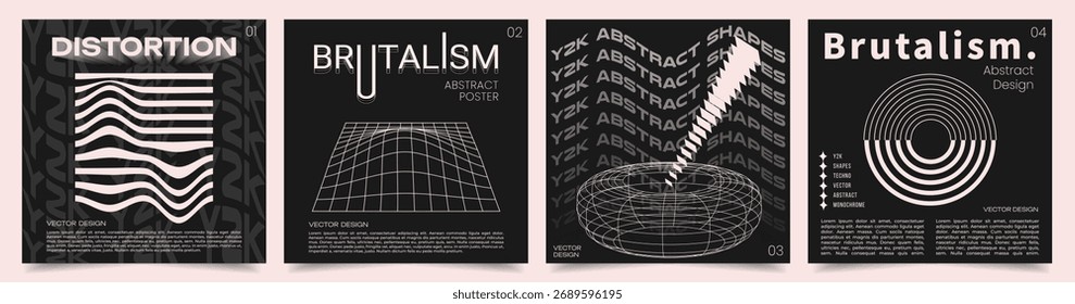 Anuncios brutalistas monocromáticos con estructura de alambre 3D y Formas distorsionadas en estilo Y2K. Elementos Geométricos Abstractas en Estética psicodélica. Plantilla de Vector.